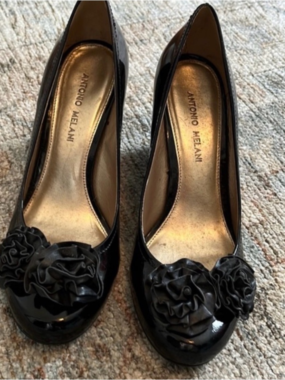 ANTONIO MELANI Black Patent Pumps with Ruffled Floral Appliques